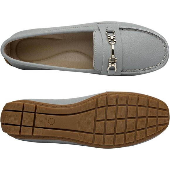 Kordal Women's Light Grey Leather Gold Accent Buckle Slip-Ons Walking Loafers - Picture 8 of 9